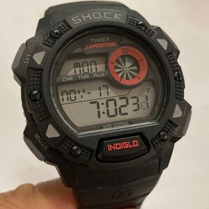 Timex Shock tactical watch, black with gray & red accents, rubber strap, indiglo